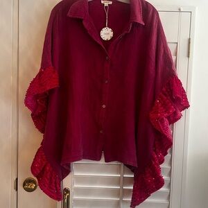 Women's Hot Pink NWT Button-Up Top with Cape-Like Sleeves Sequin Trim